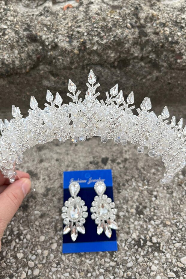 Salvatore Silver Bridal Henna Crown Special Day Accessory Women's Crown and Three Shuttle Earrings Set
