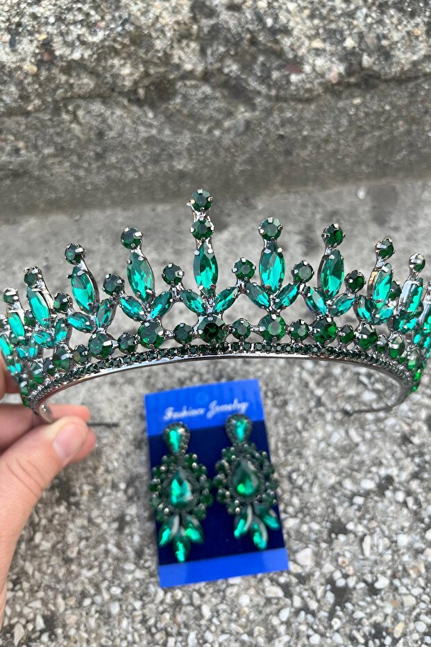 Ivanna Green Bridal Henna Crown Special Occasion Accessory Women's Crown and Three Shuttle Earrings Set