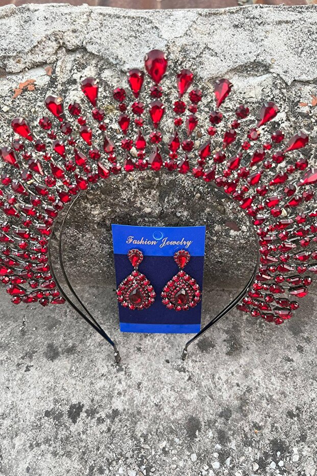 Michaelle Burgundy Bridal Henna Crown Special Occasion Accessory Women's Crown and Drop Shuttle Earring Set