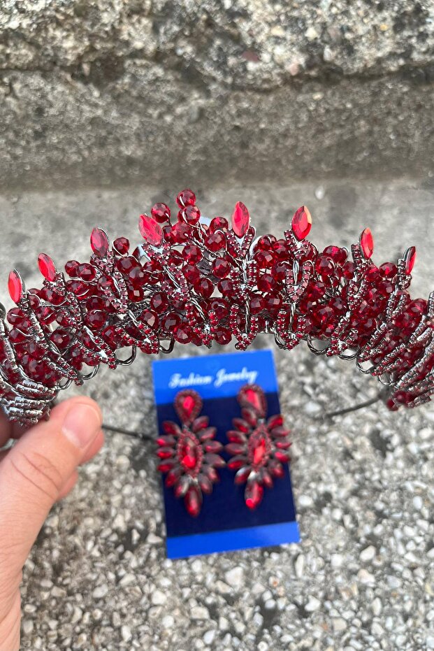 Salome Burgundy Bridal Henna Crown Special Occasion Accessory Women's Crown and Thin Shuttle Earring Set