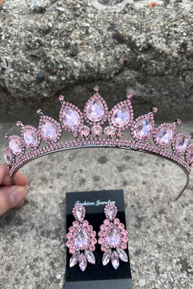 Renata Pink Bridal Henna Crown Special Occasion Accessory Women's Crown and Three Shuttle Earrings Set