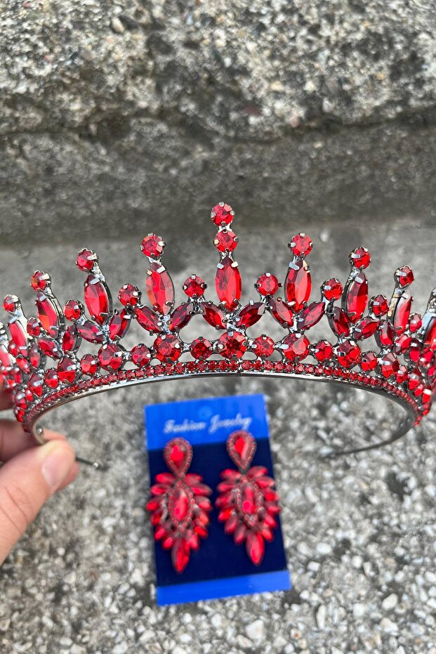 Ivanna Red Bridal Henna Crown Special Occasion Accessory Women's Crown and Thin Shuttle Earring Set
