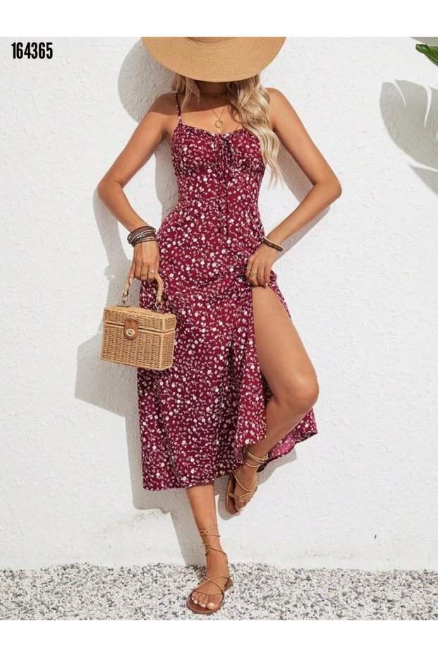 Women's Floral Print Dress – Single Jersey Fabric, Lace-Up V-Neck, Rope Strap and Slit