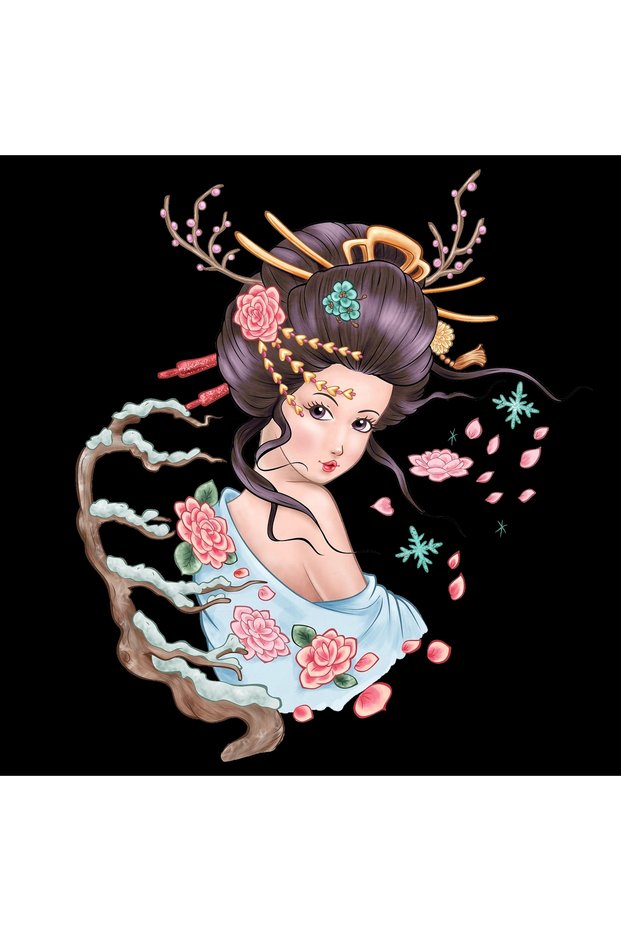 Japanese Woman with Winter Flowers and Tree Branches