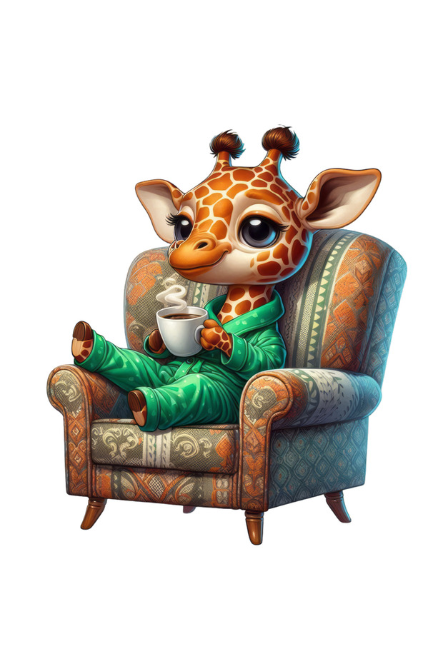 Cute Giraffe in Pajamas Sitting on the Armchair (with Steam Mug)