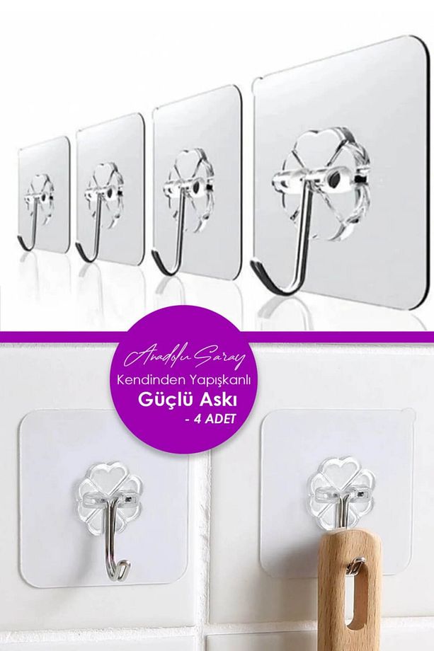 Pratik 4 Adet 6x6cm Şeffaf Güçlü Kendinden Yapışkanlı Kapı Duvar Askıları Güçlü Ağır Yük Taşıma Askı - 2