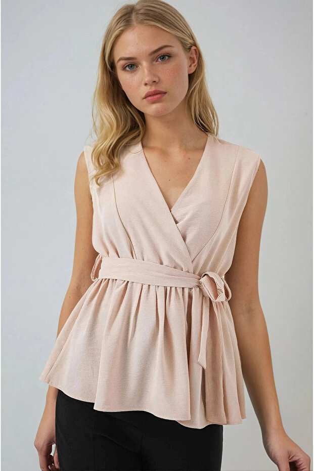 Women's Beige Double Breasted Collar Elastic Waist Belted Blouse Hzl25S-Bd19661