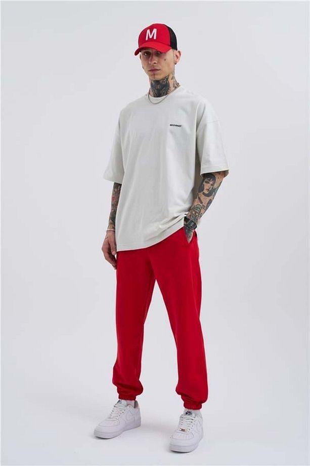 Oversize Basic Bel Paça Lastikli 3 Cepli Jogger Eşofman Altı RED - 5