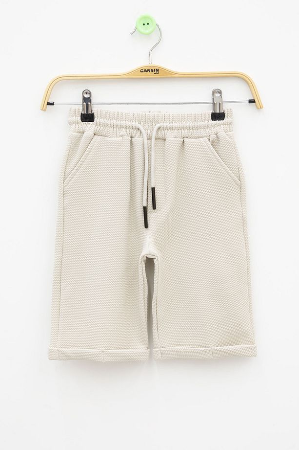 Krem Beli Lastikli Ponpon Kumaş Basic Erkek Çocuk Şort 21170 - 1