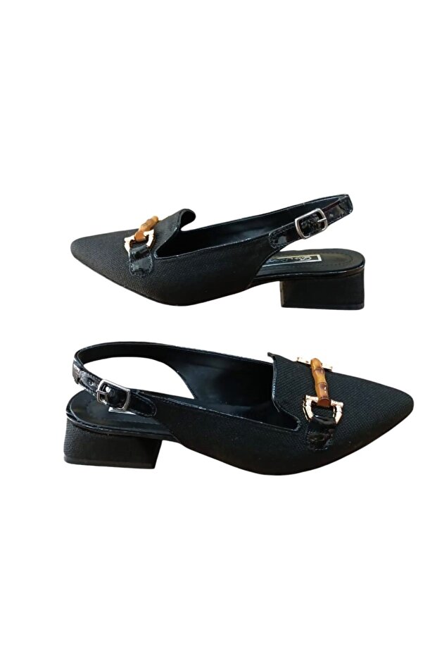 De Scarıo 593 Women's Buckle Linen Woven Short Heeled Open Back Shoes