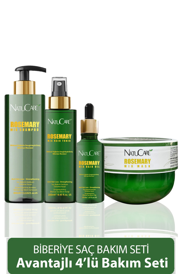 NatuCare 4'lü Biberiye Saç Bakım Set Dökülme karşıtı ,Hızlı Uzama Etkiki,Onarıcı (Şampuan-Tonik-Yağ-Maske)