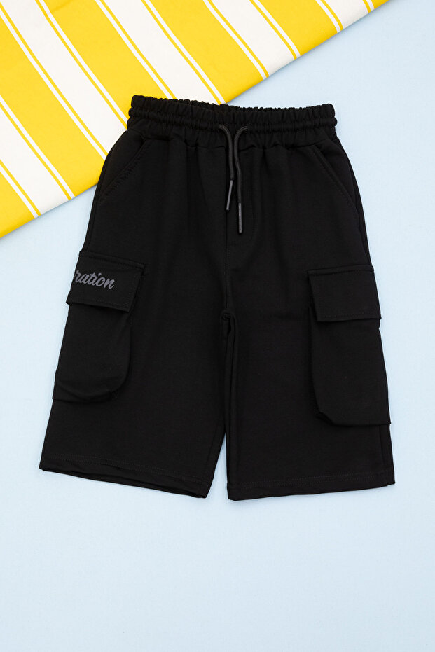 Black Pocket Text Printed Boys Shorts with Elastic Waist 21160