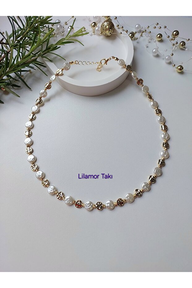 Gold Color Crushed Lentil Cut Pearl Bead Necklace