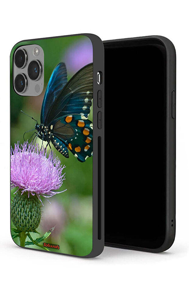 جراب حماية لجهاز Apple iPhone 14 Pro Max بتصميم فراشة جالسة على زهرة