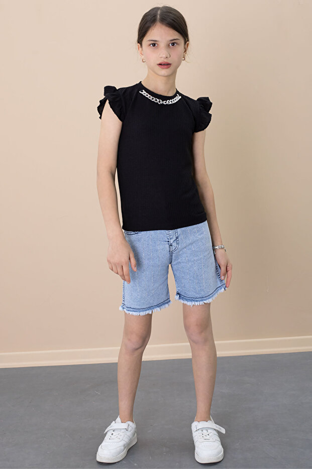 Sequined Jean Shorts Black Necklace Detailed Badi Girl's 2 Piece Set 21110