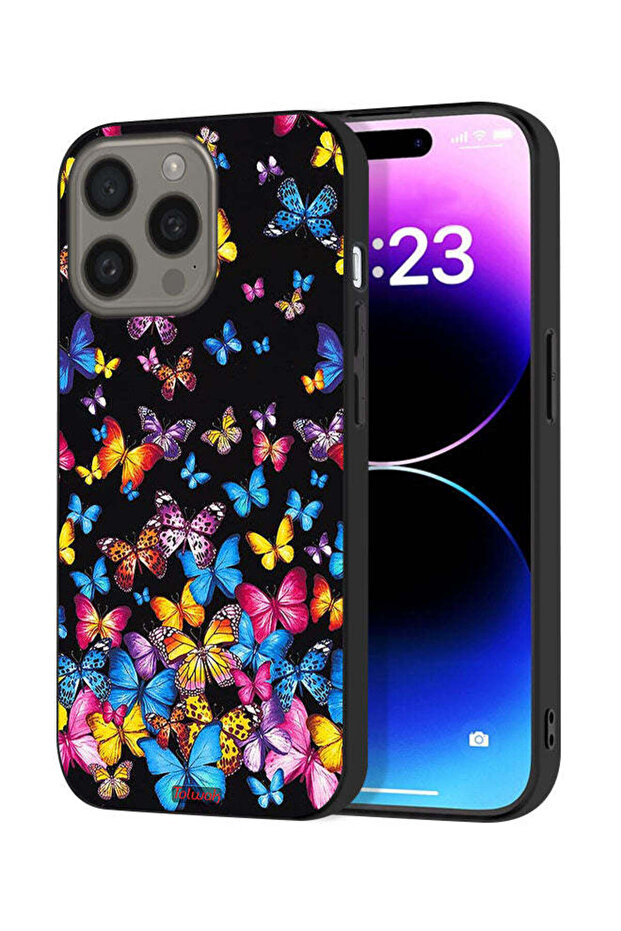 غطاء حماية لهاتف Apple iPhone 15 Pro Max بنقشة فراشات ملونة