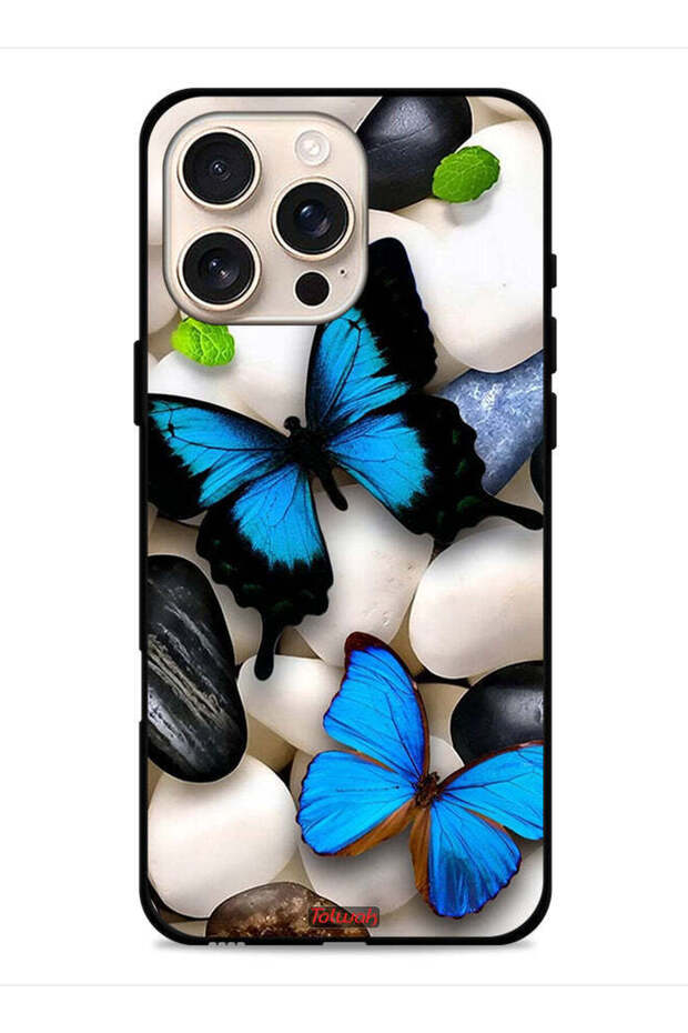 غطاء حماية لجهاز Apple iPhone 16 Pro بتصميم فراشات على الحجارة
