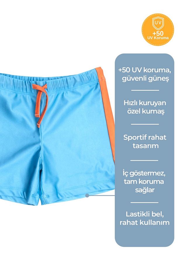 Turuncu Şeritli Mavi Örme Kumaş Erkek Çocuk Şort Mayo - 1