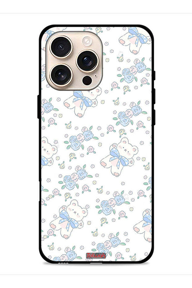 غطاء حماية لجهاز Apple iPhone 16 Pro Max بتصميم دب تيدي لطيف ورمز زهور