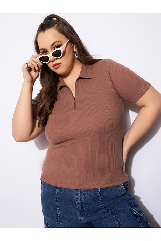 Plus Size Rib Front Zipper Polo Neck Top