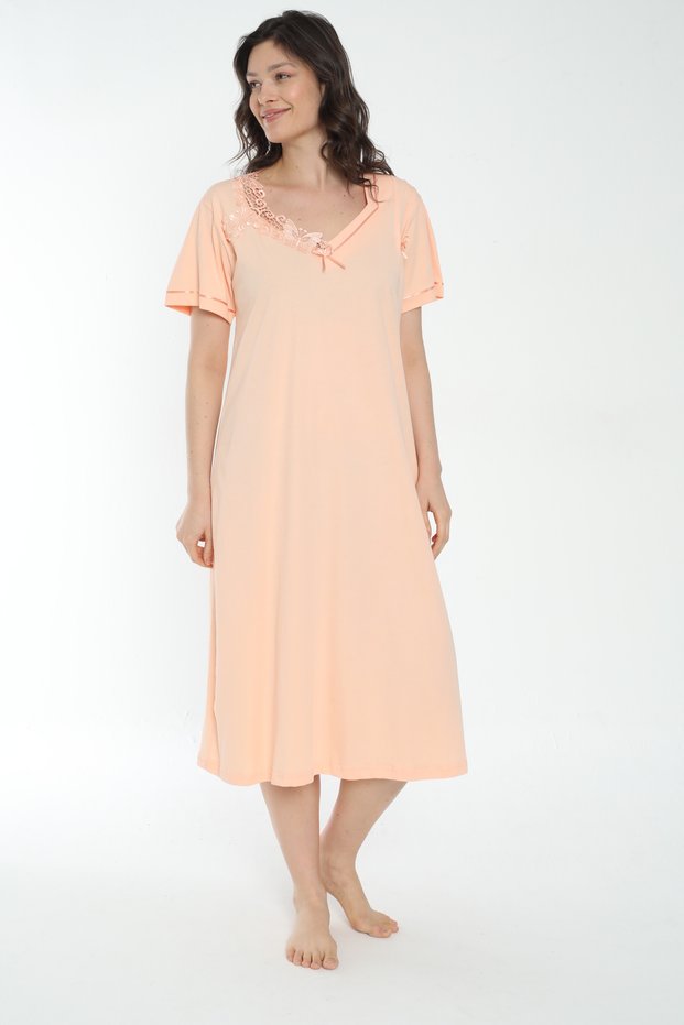 Women's 100% Cotton Short Sleeve Midi Length Nightgown / Salmon 541