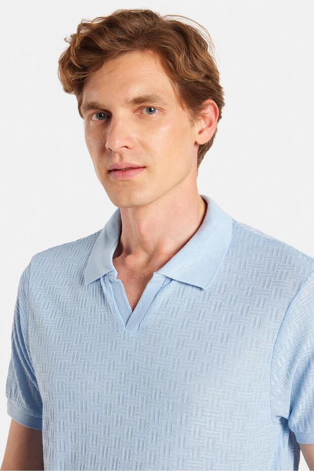 Men's Slim Fit Slim Fit Viscose Fabric Patterned Plain Pique Buttonless Light Blue Polo Neck T-Shirt