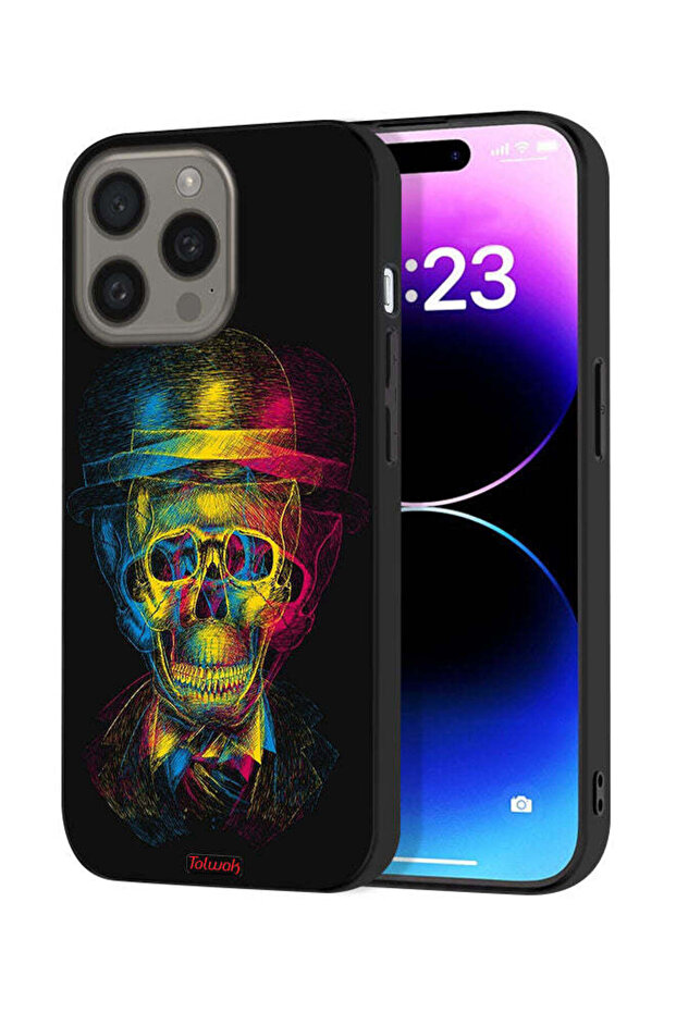 غطاء حماية لجهاز Apple iPhone 15 Pro Max بتصميم جمجمة وقبعة ملونة وفن خيالي