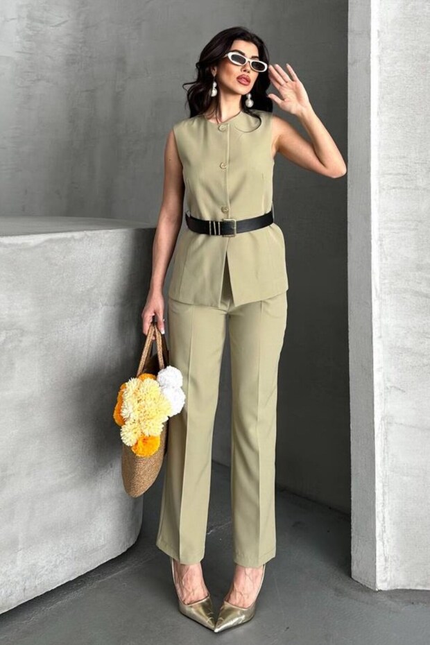 Women's Double Bottom Top Set Stylish Belted Button Detailed Crew Neck Regular Vest Pants Set