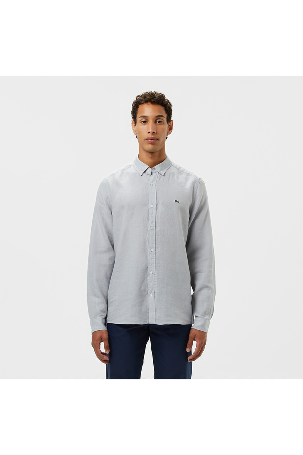 Erkek Regular Fit Düğmeli Yaka Keten Gri Gömlek - 1