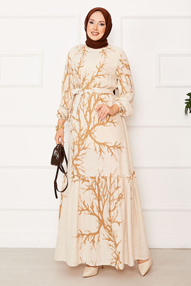 Linen Patterned Belted Dress Milk Coffee