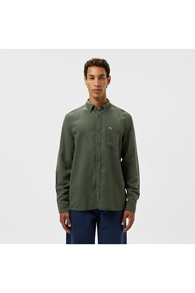 Erkek Slim Fit Düğmeli Yaka Haki Gömlek - 1