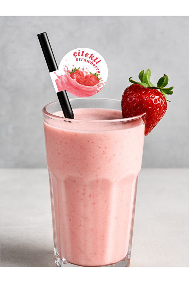 Çilekli Bayraklı Pipet 21,5 cm Siyah Pipet , 8mm Kalınlık , 20 Adet - 6