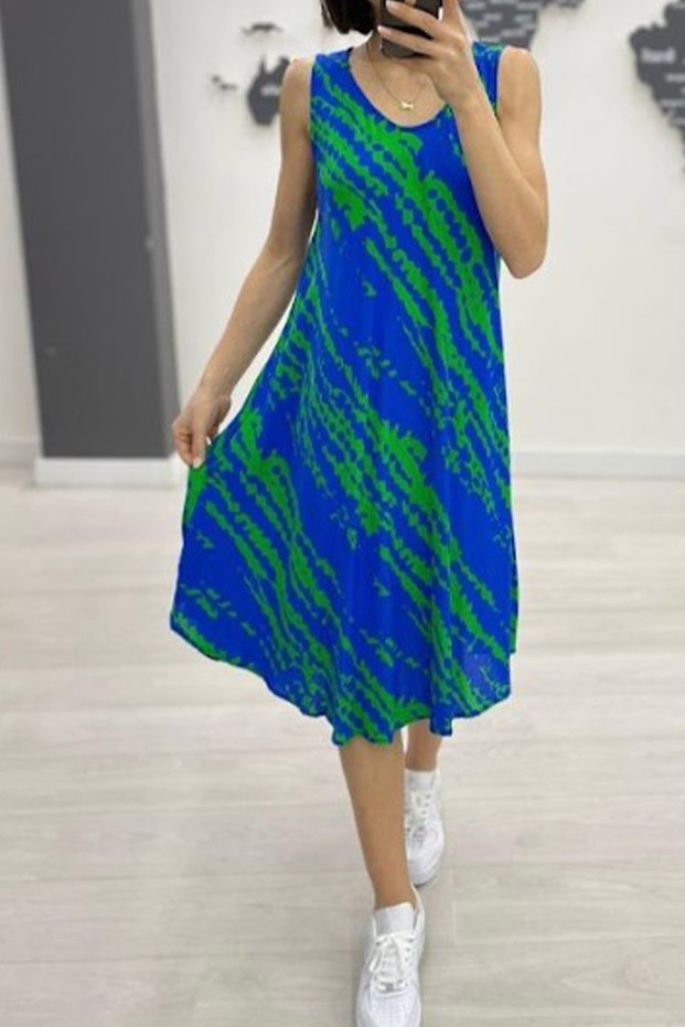 Women's Cobalt Blue Green Patterned Sleeveless Midi Dress