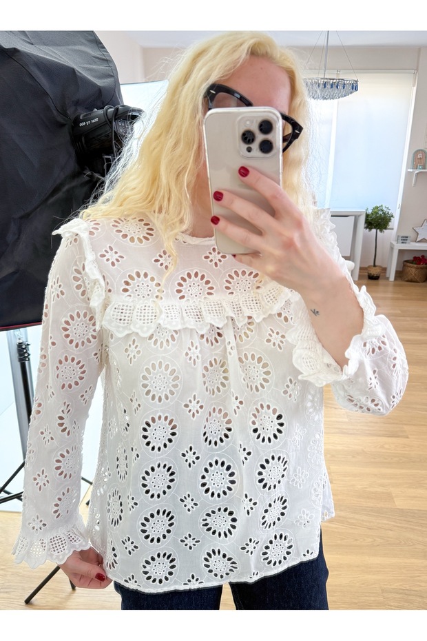 White Ruffle Festoon Blouse - 1