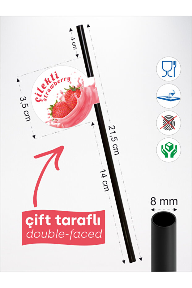 Çilekli Bayraklı Pipet 21,5 cm Siyah Pipet , 8mm Kalınlık , 20 Adet - 3