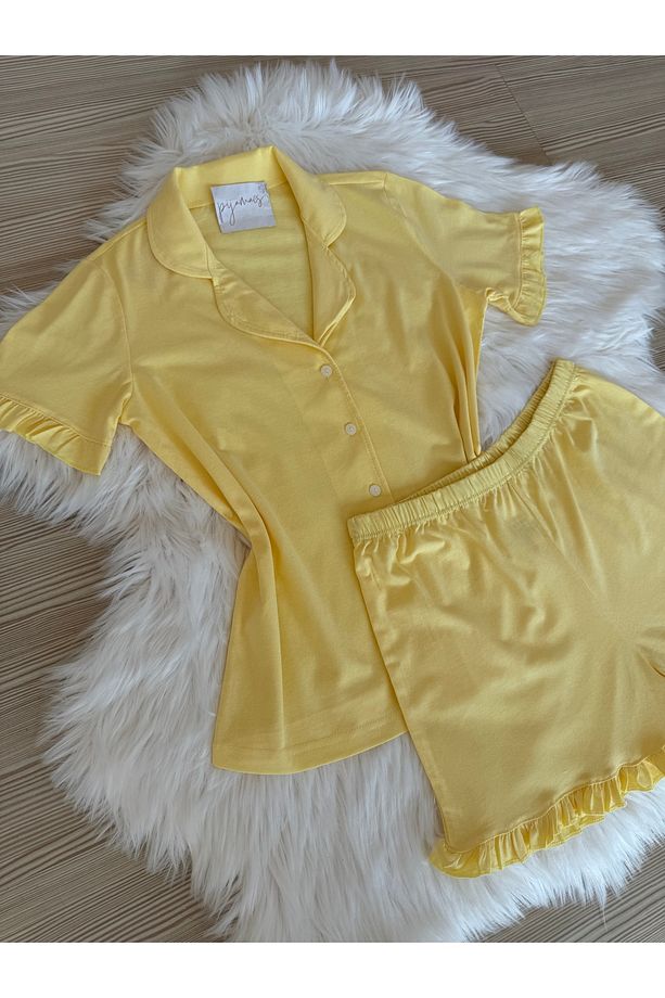 Sarı Pamuklu Kol ve Paça Fırfır Detaylı Kısa Kol Önden Düğmeli Şortlu Pijama Takımı - 6
