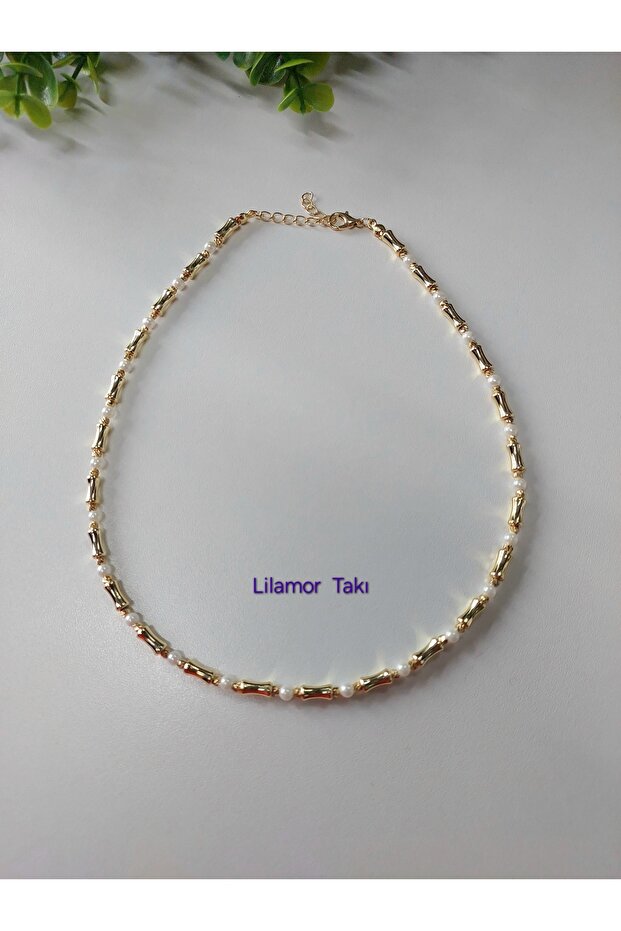 Gold Color and Pearl Detailed Bone Bead Necklace