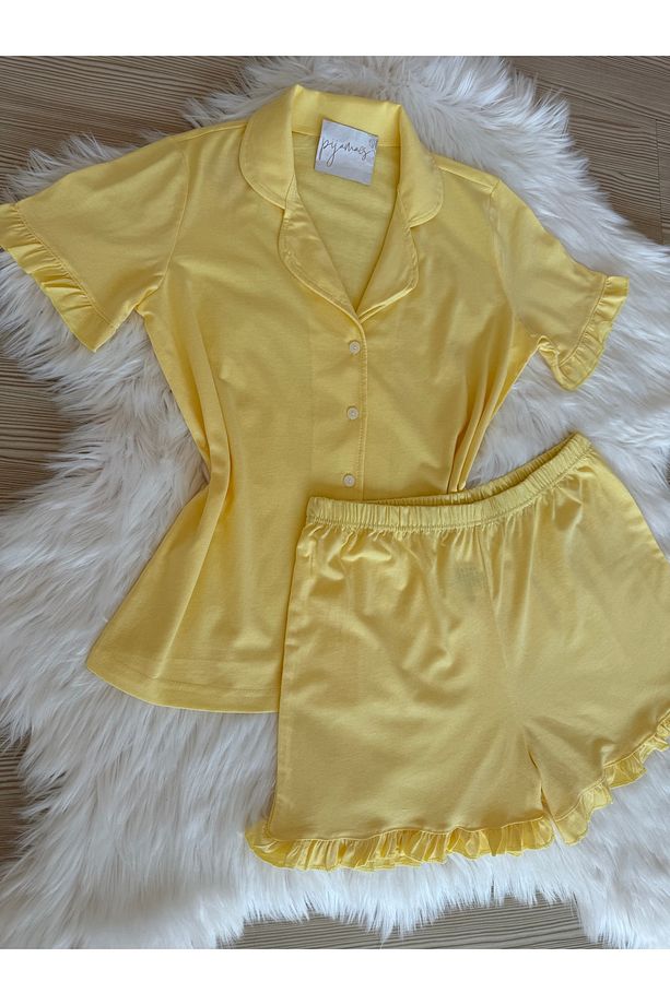 Sarı Pamuklu Kol ve Paça Fırfır Detaylı Kısa Kol Önden Düğmeli Şortlu Pijama Takımı - 2