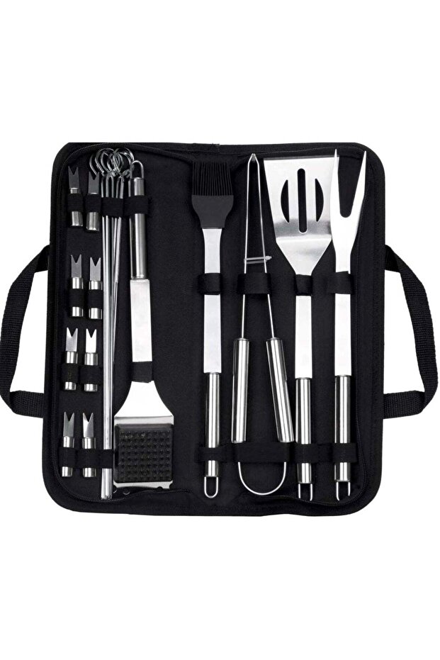 20-Piece Stainless Steel BBQ Accessories Set with Storage Bag Black