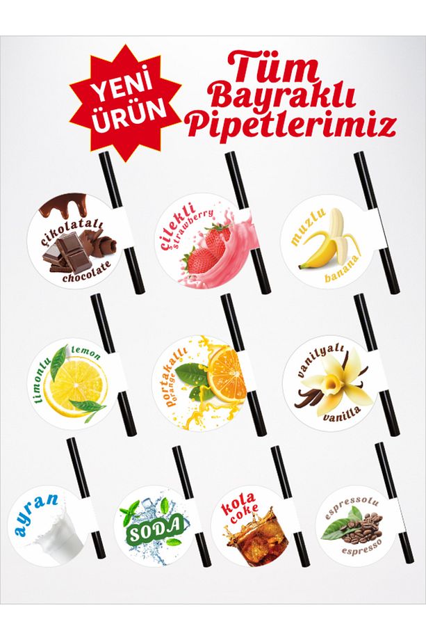 Çikolatalı Bayraklı Pipet 21,5 cm Siyah Pipet , 8mm Kalınlık , 20 Adet - 8