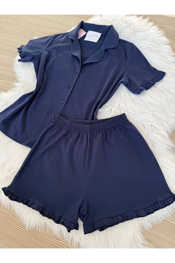 Lacivert Pamuklu Kol ve Paça Fırfır Detaylı Kısa Kol Önden Düğmeli Şortlu Pijama Takımı - 6