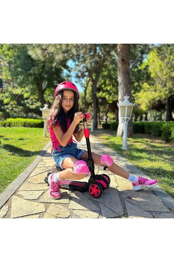 Combo 3 Tekerlekli Katlanabilir Işıklı Oturaklı Scooter - Pembe - 6