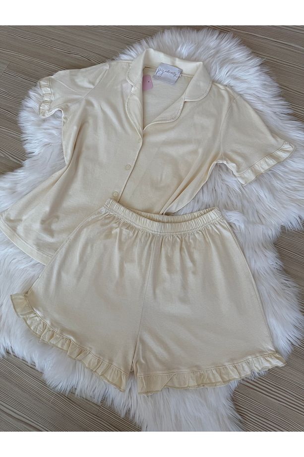 Ekru Pamuklu Kol ve Paça Fırfır Detaylı Kısa Kol Önden Düğmeli Şortlu Pijama Takımı - 6