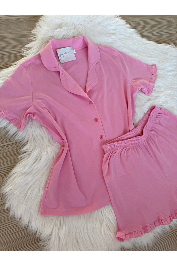 Şeker Pembe Pamuklu Kol ve Paça Fırfır Detaylı Kısa Kol Önden Düğmeli Şortlu Pijama Takımı - 2
