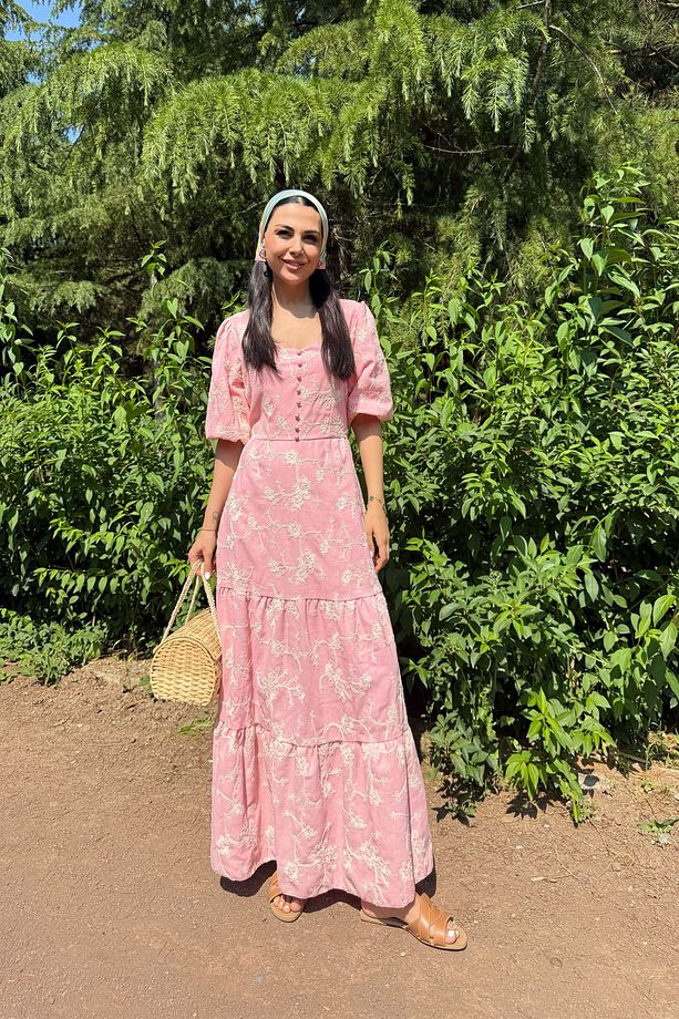 Marsilya Balon Kollu İşlemeli Pembe Elbise - 3