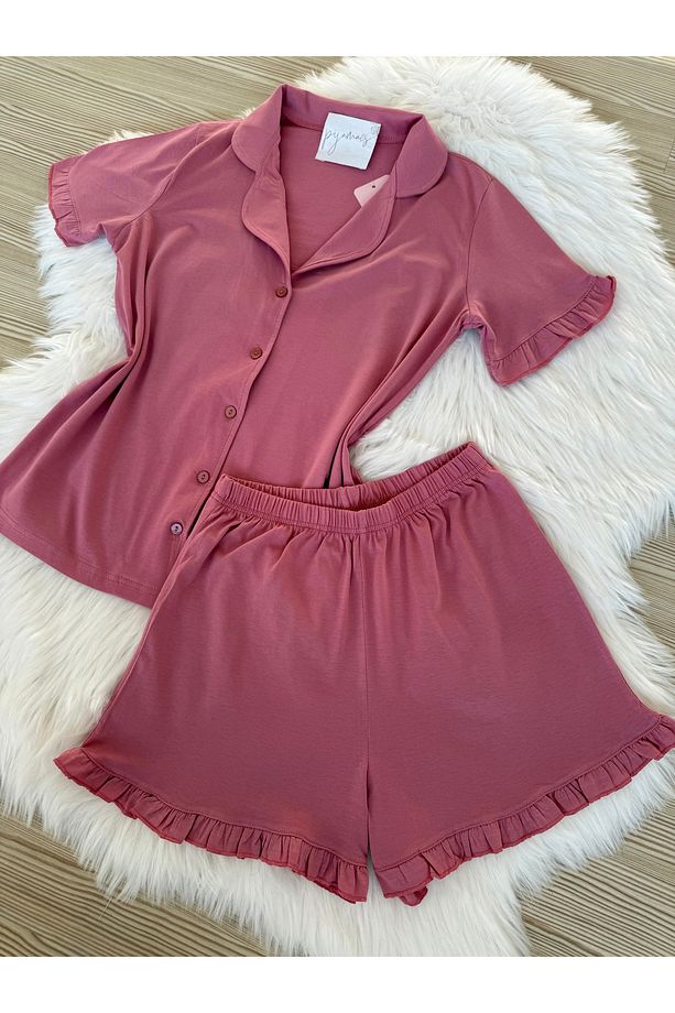 Gül Kurusu Pamuklu Kol ve Paça Fırfır Detaylı Kısa Kol Önden Düğmeli Şortlu Pijama Takımı - 5