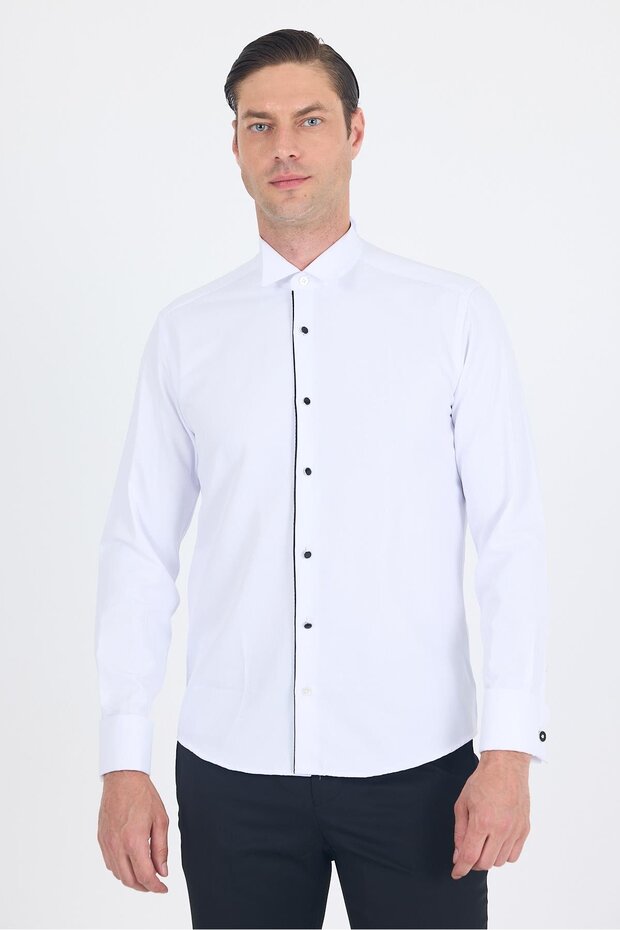 Men's White Ata Collar Textured Ceremony Cotton Slim Fit Shirt 1004250215