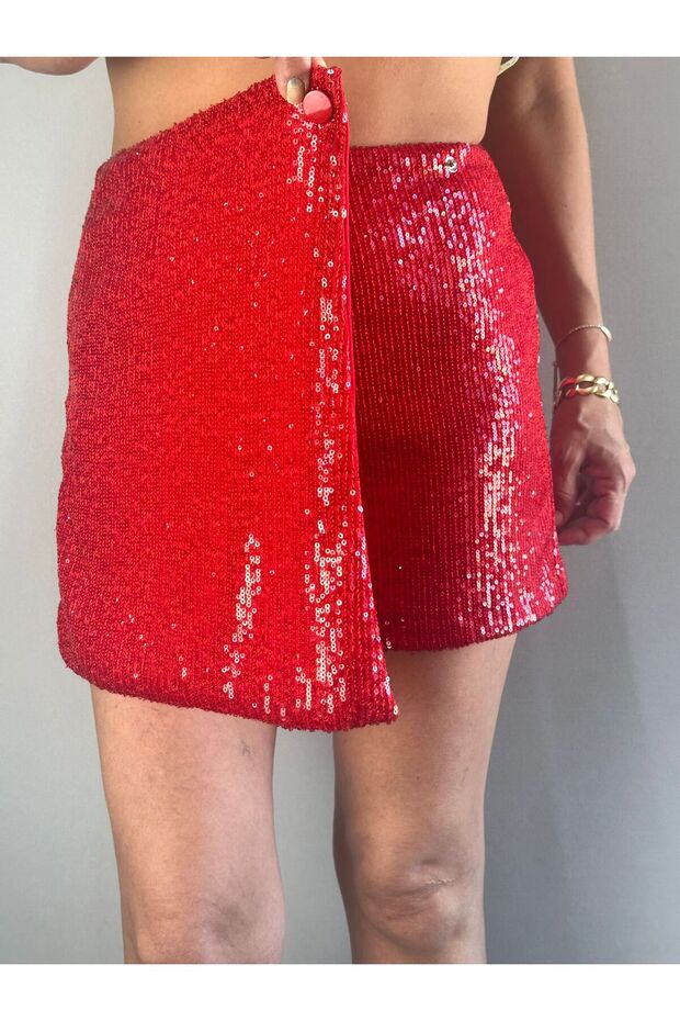 KIRMIZI PAYETLİ ŞORT ETEK - 3