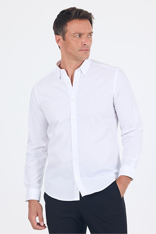 Men's White Smart Collared Long Sleeve Slim Fit 100% Cotton Shirt 1004250223