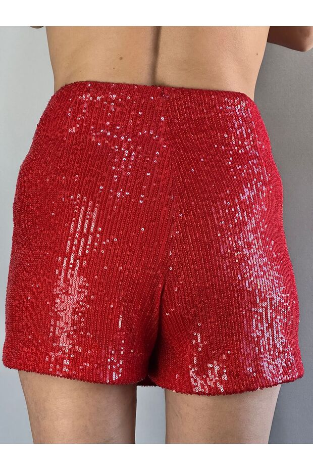 KIRMIZI PAYETLİ ŞORT ETEK - 5